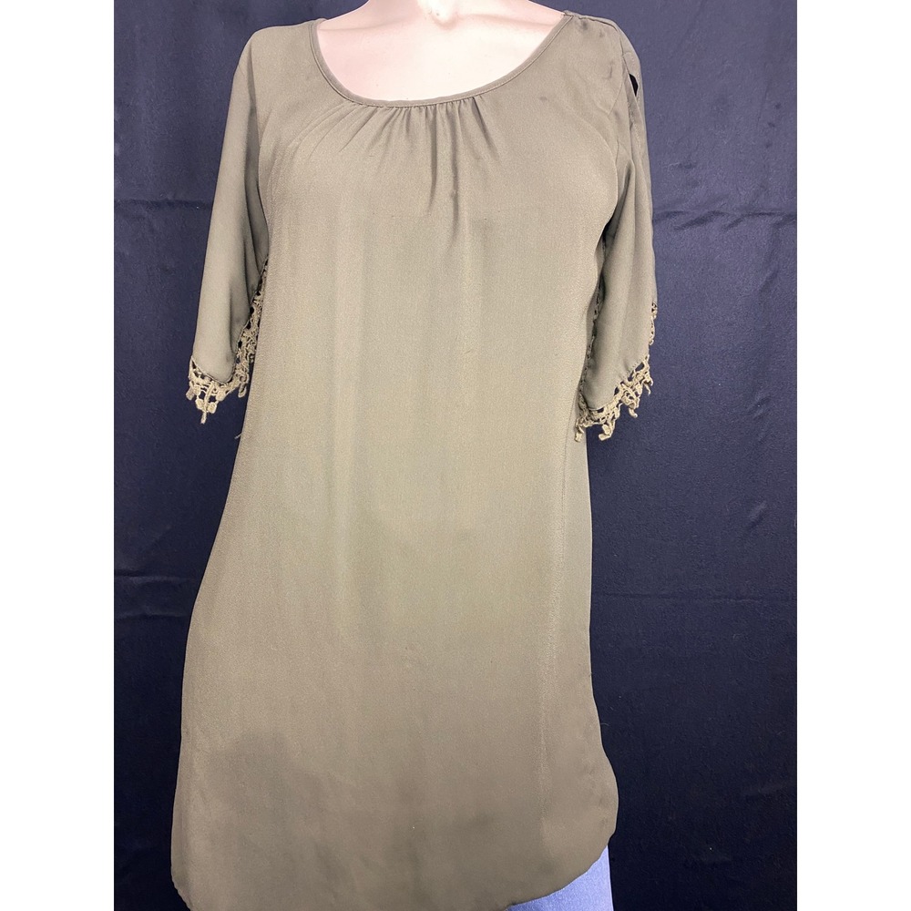 Women's Olive‎ Green Tunic Dress with Lace Trim Sleeve & Neckline Detail